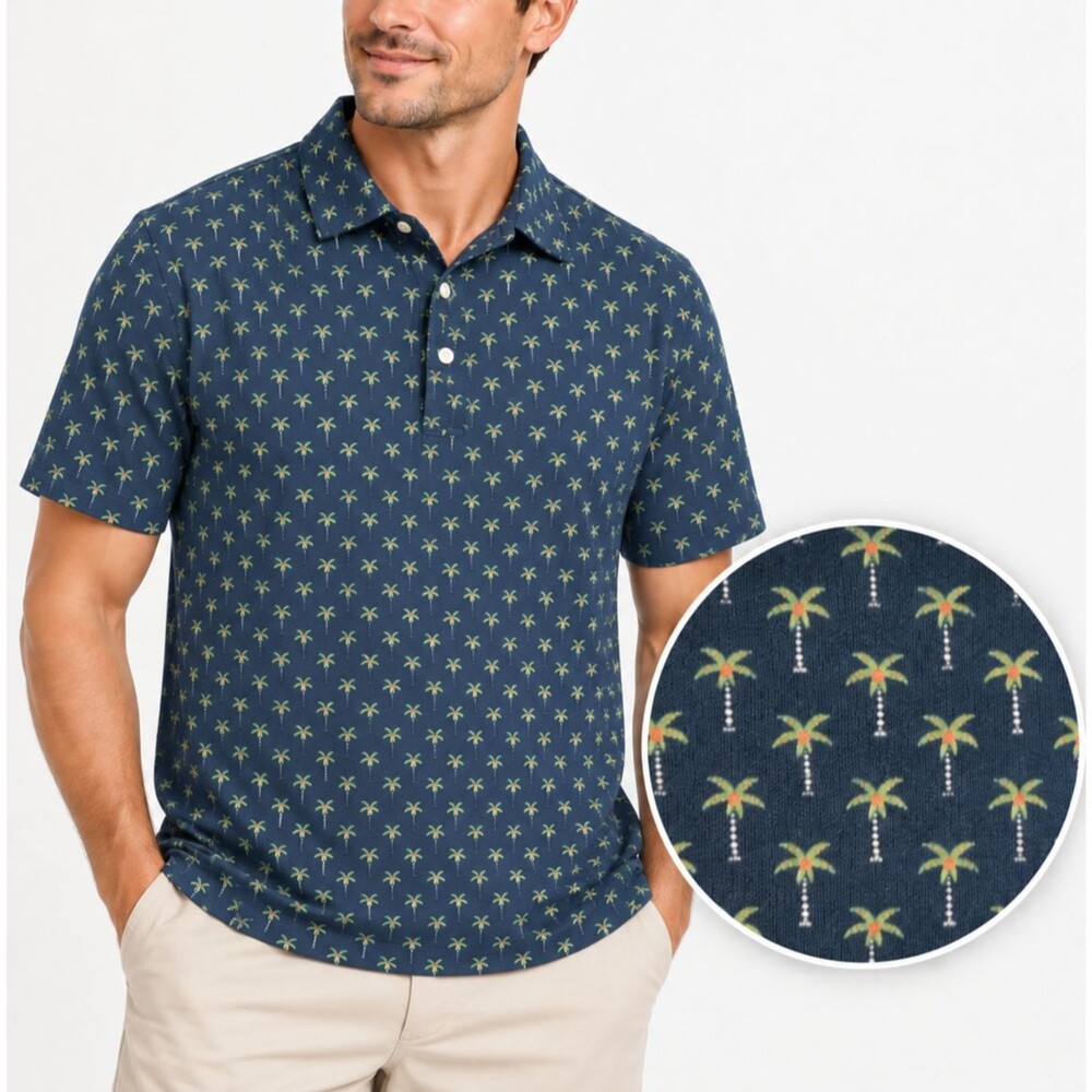 J.Crew Performance Men's Blue Lime Green Palm Tree Print Polo Shirt Medium